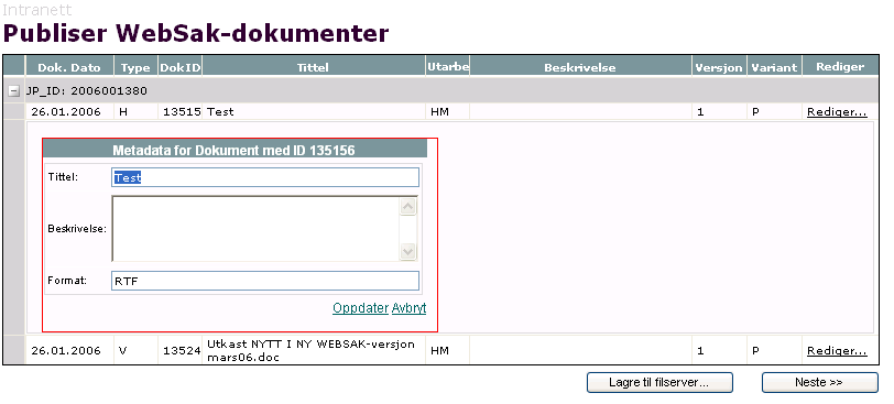 Publisere fra Noark til Sharepoint I dette skjermbildet