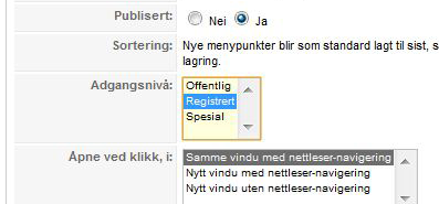 Dette fordi bare de som har tilgang til intranettet skal kunne se menylinken. ÅPNE VED KLIKK skal stå som det er. 7. Under PARAMETERE ENKEL, velges artikkelen som skal vises. 3.