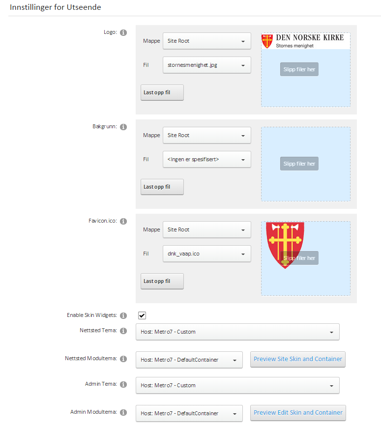 Innstillinger for utseende Utseende inneholder: logo i toppen av hjemmesiden, og muligheter for å velge blant ulike skin (tema) som er layout på