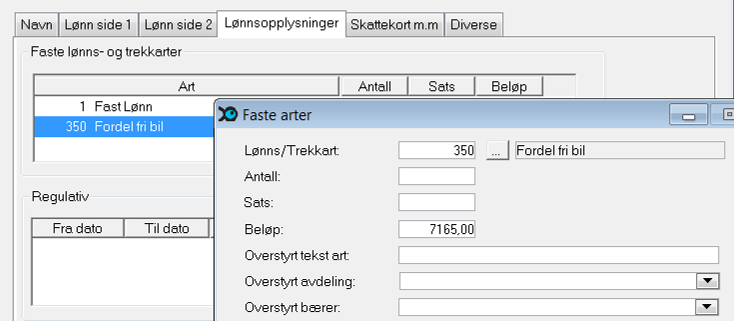 Legg inn informasjon om firmabilen på den enkelte ansatte. Du finner dette under menyvalget Kartotek, Ansatte, Hovedvedlikehold. Fliken Skattekort m.m. Her må du legge inn informasjon om fra dato, evt.