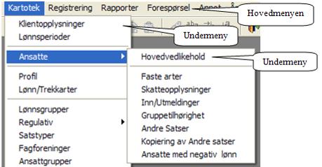 Når et menypunkt i hovedmenyen aktiveres kommer de enkelte punktene på vedkommende undermeny tilsyne.