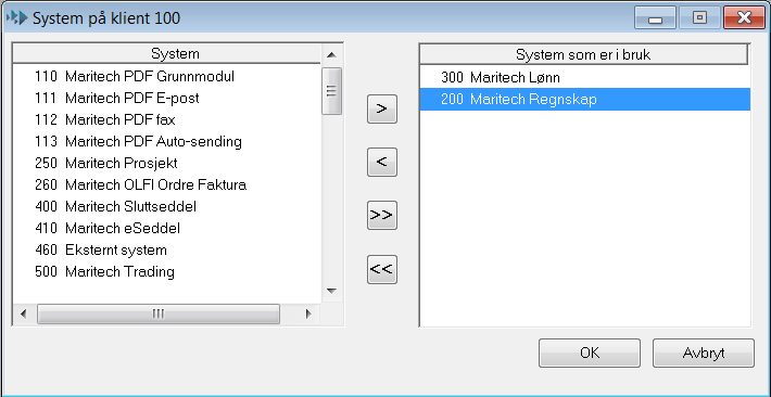 Her velger du hvilke system den aktuelle klienten skal benytte ved å benytte knappene >, <, >> og <<. > og < velger ett og ett system, mens >> og << velger alle.