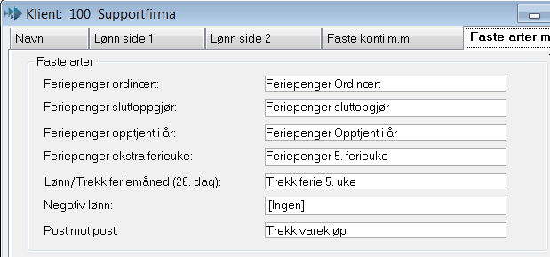 Faste arter Legg inn kobling mot korrekte lønnsarter. Dette er nødvendig for at feriepenger, negativ lønn og post mot post skal håndteres korrekt av programmet.