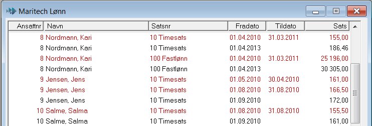 Faste arter Her får du tilgang til alle faste arter som er opprettet på ansatte på den aktive klienten. Det er mulig å slette faste arter eller å endre på satser.