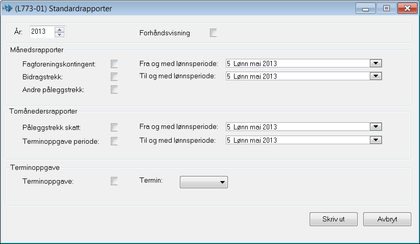 Rapporter Standardrapporter Alle rapporter kan tas ut så mange ganger du vil, og for de lønnsperiodene du angir.