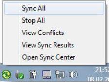 Klikker du på dette symbolet åpnes vinduet Sync Center, der du kan følge synkroniseringen og se resultatet og eventuelle konflikter.
