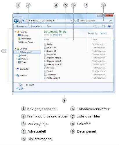 Windows Explorer ser noe annerledes ut enn i Windows XP, men er fortsatt programmet du bruker for å finne fram til filer og mapper.