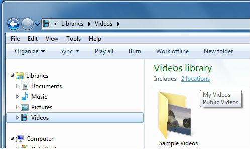 I Libraries er det fire mapper som "samler inn" ulike filtyper; dokumenter, musikk, bilder og videoer, og du kan også opprette egne mapper her.