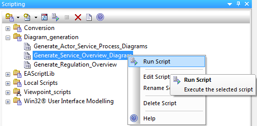 For å generere Business Service diagrammer, velg Diagram generation - Generate_Service_Overview_Diagrams Run Script.