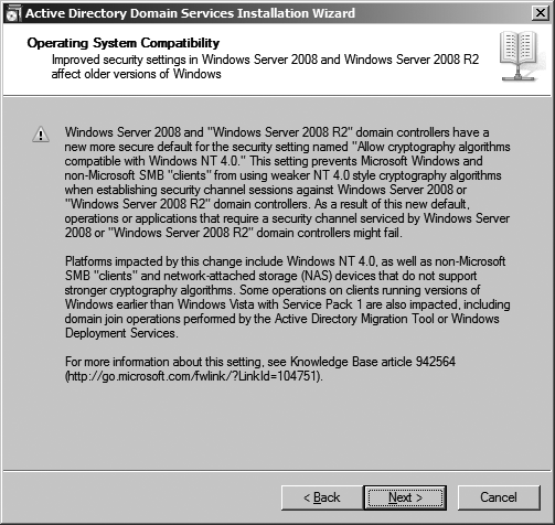 54 Vi får så beskjed om at sikkerheten i Windows 2008 er strengere en noen eldre Windowsversjoner. Dette betyr at de gamle versjonene kan få problemer med å koble seg til serveren vår.