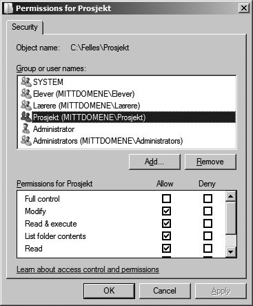 78 Øvelse 2: For å få litt trening med å sette rettigheter kan vi gjøre følgende: Vi ønsker at en gruppe elever som jobber på prosjekt skal få skrivetilgang til en bestemt katalog på fellesområdet: