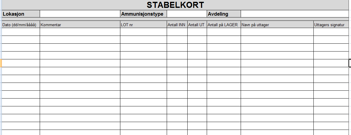 Ammunisjonsregnskap (stabelkort) i NROFavdeling Veiledning: Lokasjonen er stedet lageret befinner seg Det skal være et kort per ammunisjonstype. Kortet skal ligge lagret sammen med ammunisjonen.