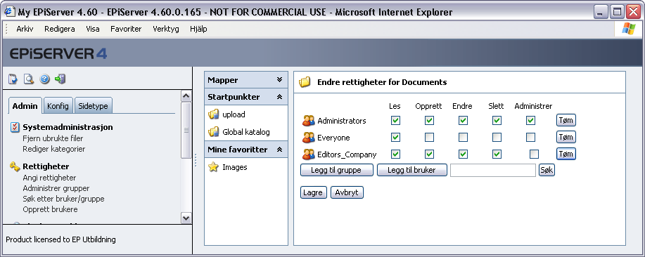 Filhåndtering i EPiServer 29 Angi tilgang til kataloger Når du har konfigurert filhåndtereren med startpunktene som du vil ha og opprettet kataloger for ulike redaktørgrupper, gir du rettigheter til