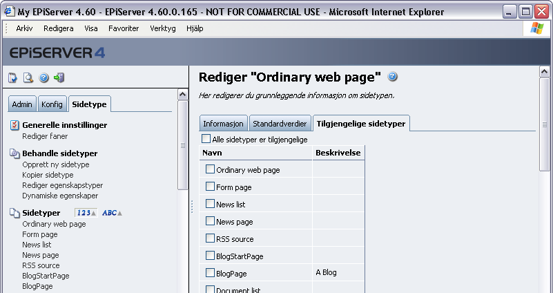 Tilpasse redigeringsmodus 33 3. Velg fanen Informasjon. 4. Angi et tall som er høyere eller lavere enn andre sidetyper, i feltet Sorteringsrekkefølge. 5. Velg Lagre.