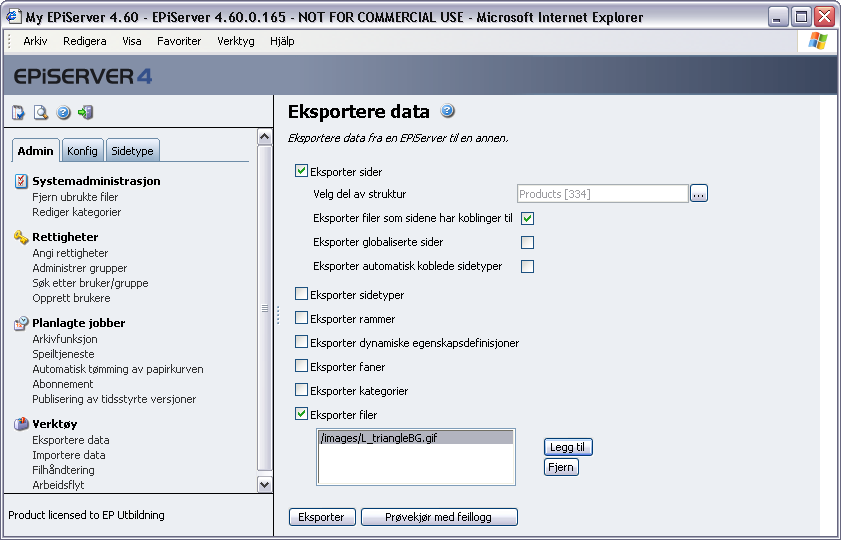 Eksport og import av data 57 Eksport og import av data Det er mulig å eksportere og importere data fra en EPiServer til en annen.