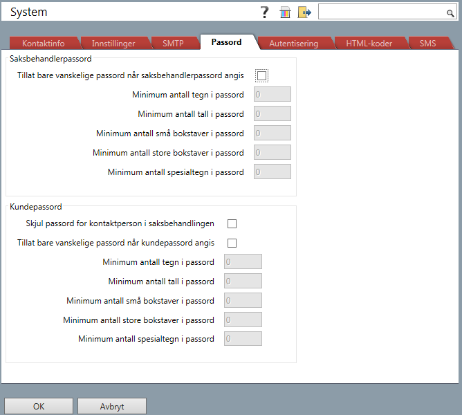 Passord I fanen Passord i bildet System finner du følgende alternativer under Saksbehandlerpassord: Tillat bare vanskelige passord når saksbehandlerpassord angis: Hvis du merker av her, vil det