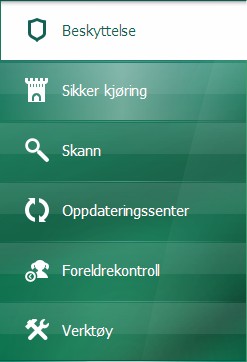 B R U K E R V E I L E D N I N G Venstre del av vinduet lar deg raskt bytte til hovedprogramfunksjoner: aktiverer og deaktiverer beskyttelseskomponenter, kjører virusskann-oppgaver, oppdaterer