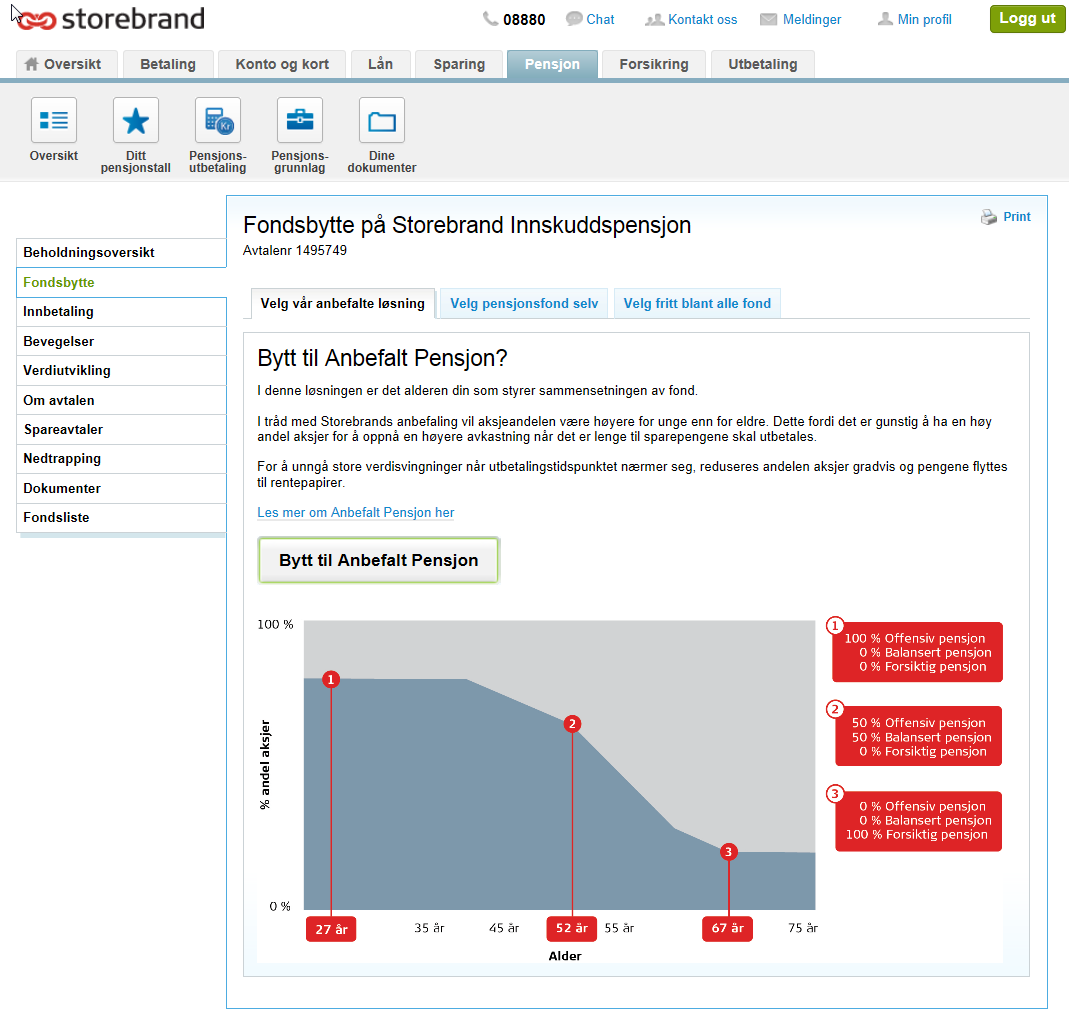 Ved å velge "Anbefalt pensjon" styres fondssammensetningen av din alder Du kan også