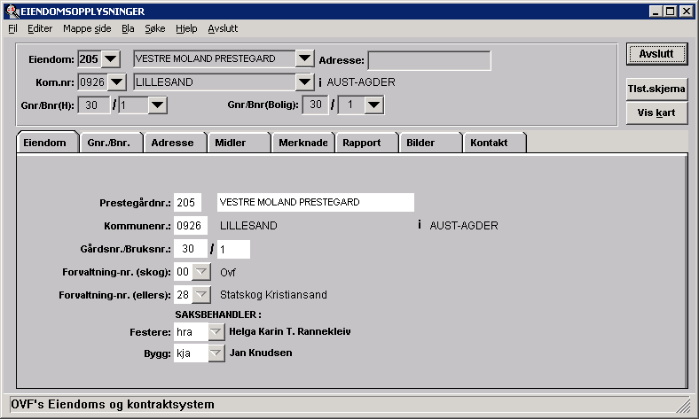 Figur 7: Eiendomsbilde, Ovf. Eiendoms og kontraktsbase Eiendoms og kontraktsystemet inneholder alle de opprinnelige 21000 festekontraktene.
