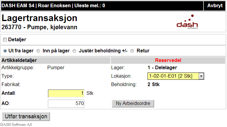 Lagertransaksjoner Lagertransaksjoner Her kan du legg inn på lager (varemottak), uttak til kostnadsbærere/arbeidsordre (planlagt eller ny), retur og justering av beholdningen.