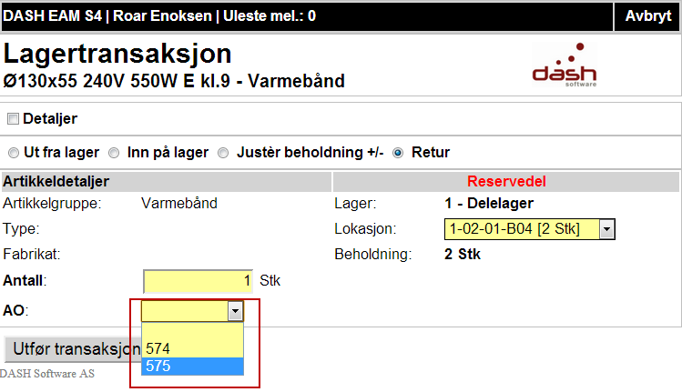 Juster beholdning +/- Enkel justering av beholdningen. Huk av for Detaljer vis du ønsker knytte til kostnadsbærere.