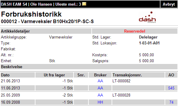 Forbrukshistorikk Forbrukshistorikk Gir en overskit over forbrukte artikler for alle lager eller et spesifikt lager med summering i bunnen av listen for blant annet forbruksverdi (beregnet ut fra