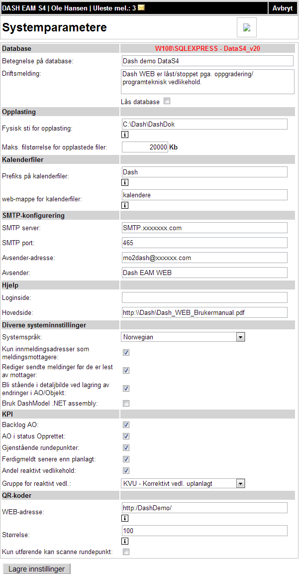 1.8.1 Database Betegnelse på databasen Denne betegnelsen som legges inn her vises på påloggingsbilde til Dash WEB.