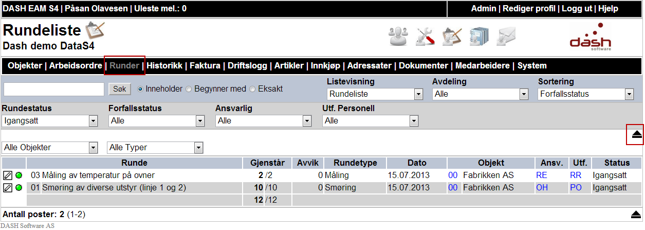 Runder 7.0.4 Runder Bruk av runder i Dash gir en mulighet for å organisere alle virksomhetens FV-rutiner på en mer oversiktelig måte enn bruken av jobbregisteret.