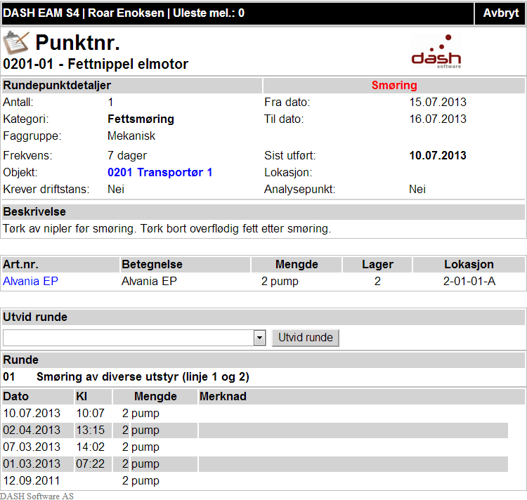 Rundepunkter Klikker direkte på rundepunktnummeret (i bilde over) får du rundepunktdetaljer samt alle utføringer av punktet.