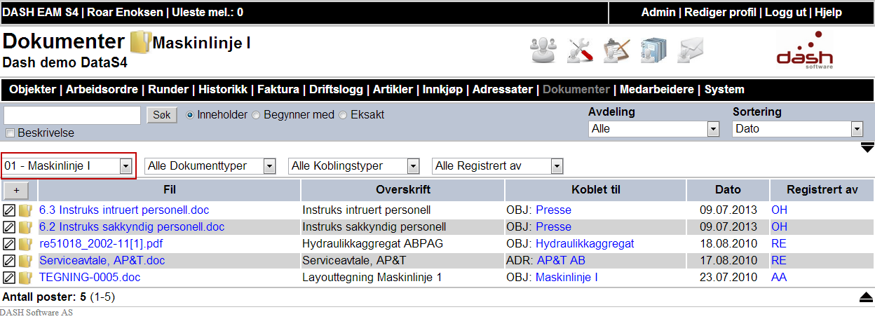 7.0.5 Dokumentmodul Dokumenter nås via menypunktet Dokumenter. Dokumentene kan du åpne direkte ved å klikke på ikonet eller på selve dokumentfilen.