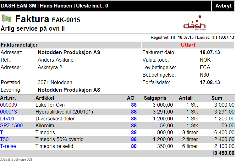 Utgående fakturaoversikt 7.0.6 Faktura (Utfakturering, kun i Dash EAM SM) Fakturaoversikten nås via menypunktet Faktura. Her har du oversikt over alle utgående faktura/fakturalinjer.