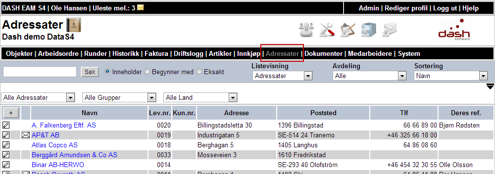 søke etter navn, tlf. nr. etc for kontaktpersonene.