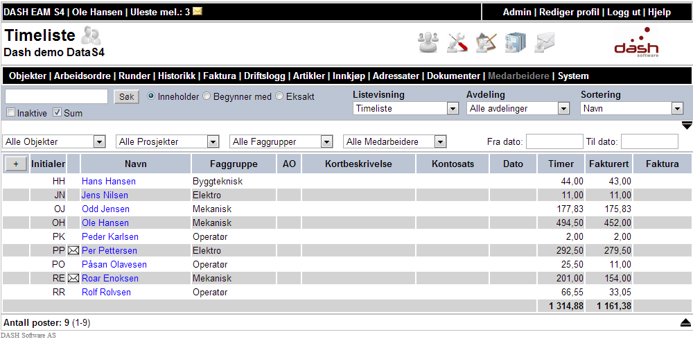 Timeliste Hvis du i tillegg huker av for Sum vil du få en summering ihht. til dine filtreringer for hver medarbeider.