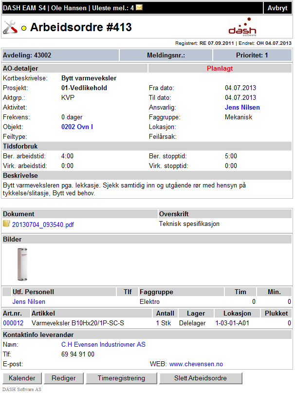 Arbeidsordre i lesemodus Arbeidsordre i lesemodus Her vises alle data med linker til relevant informasjon om artikler, leverandører, utførende etc.