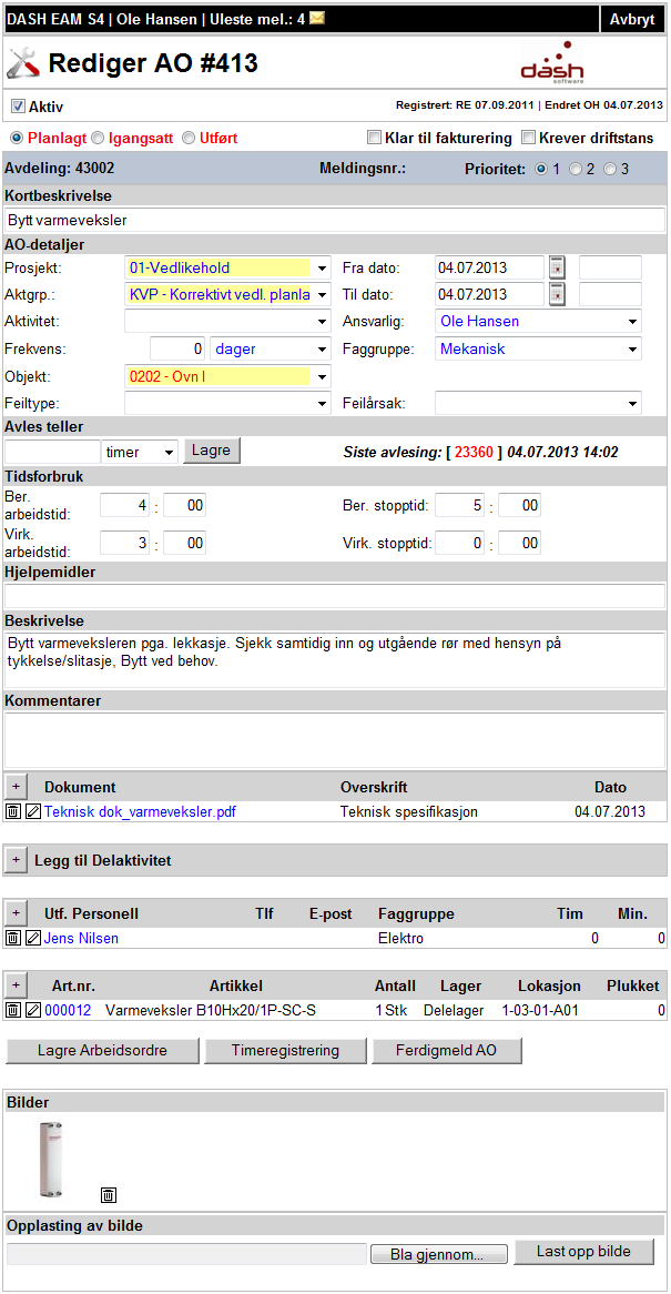 Arbeidsordre i redigeringsmodus Arbeidsordre i redigeringsmodus Legg til dokumenter, delaktiviteter, I redigeringsmodus kan du endre Dato, Ansvarlig, Faggruppe, Status etc.