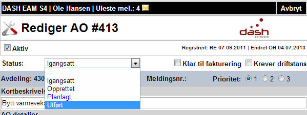 personell og artikler endringer. Detaljert timeregistrering kan legges inn via knappen ovenfor vedrørende arbeidsordre i lesemodus., for detaljer ref.