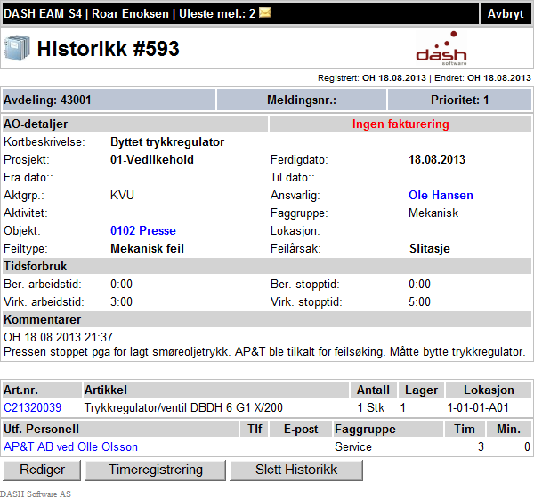 Historikkjobb i lesemodus Her vises alle data med linker til relevant informasjon om artikler, leverandører, utførende etc.