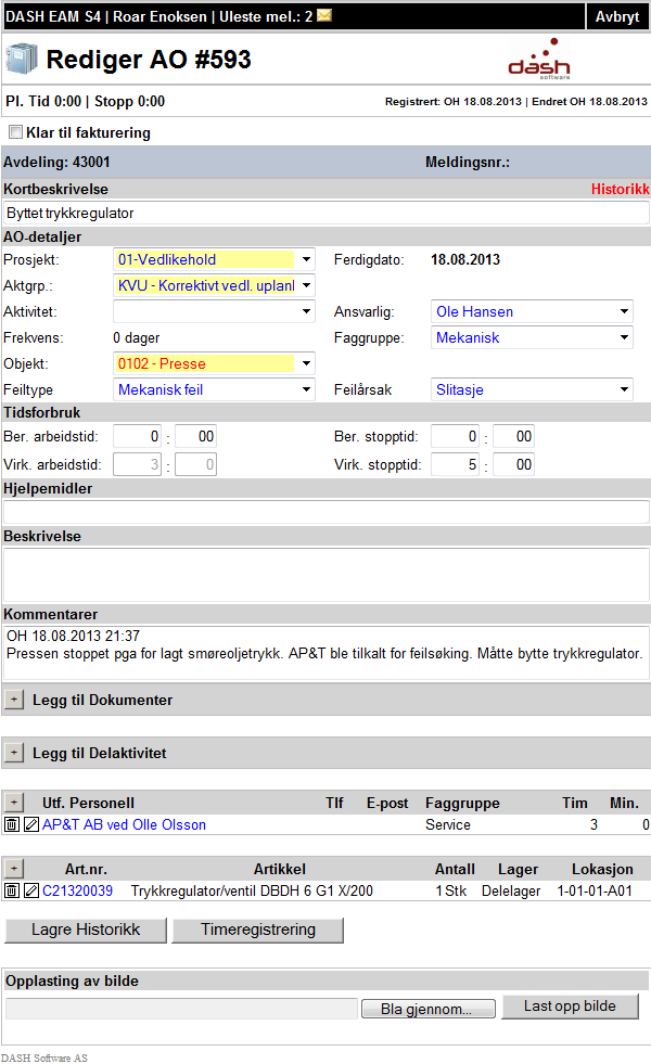 Historikkjobb i redigeringsmodus Historikkjobb i redigeringsmodus I redigeringsmodus kan man endre Dato, Ansvarlig, Faggruppe, Status etc. samt angi virkelig stopptid og skrive kommentarer.