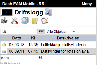 6.0.6 Driftslogg Driftslogg (tilleggsmodul) nås via menypunktet. Klikker du på selve teksten får du opp Driftsloggen. Standard visning er alle objekter. Ref. eksempelet i skjermbildet nedenfor.