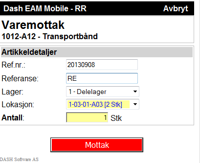 6.0.9 Varemottak Varemottak Varemottak (Tilleggsmodulen Lager/innkjøp) nås via menypunktet Dette menypunktet vises kun hvis du har rettigheter til å gjøre varemottak.