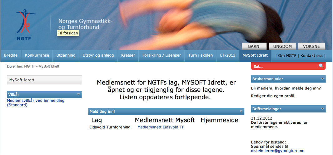 9: MELDE DEG INN SOM NY MEDLEM (Denne siden ligger også tilgjengelig på gymogturn.no) Det er to ulike innganger til Medlemsnettet for ditt lag på NGTFs hjemmeside.