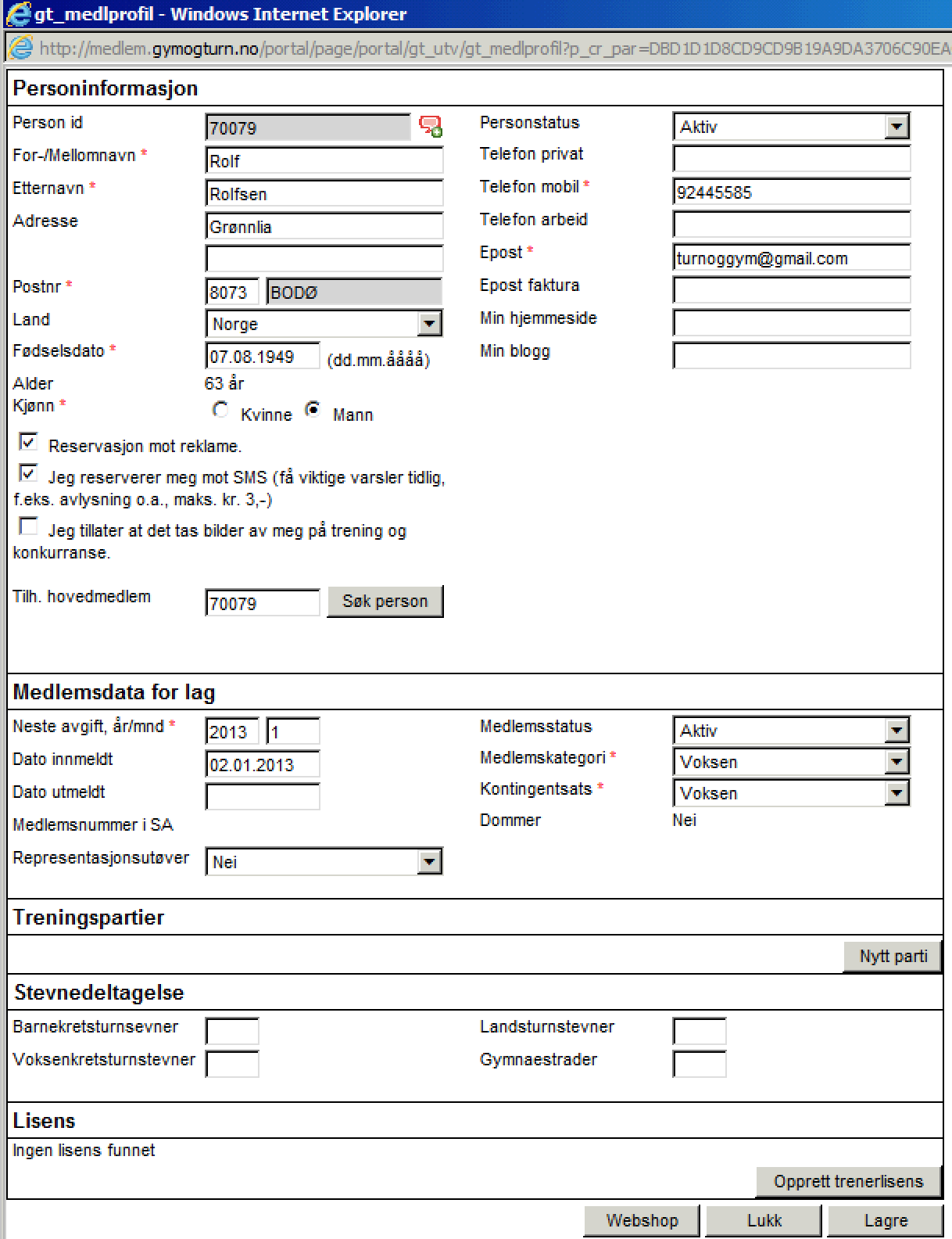 For å logge deg inn på din profil klikker du på knappen til venstre på forsiden til Gym og turn.