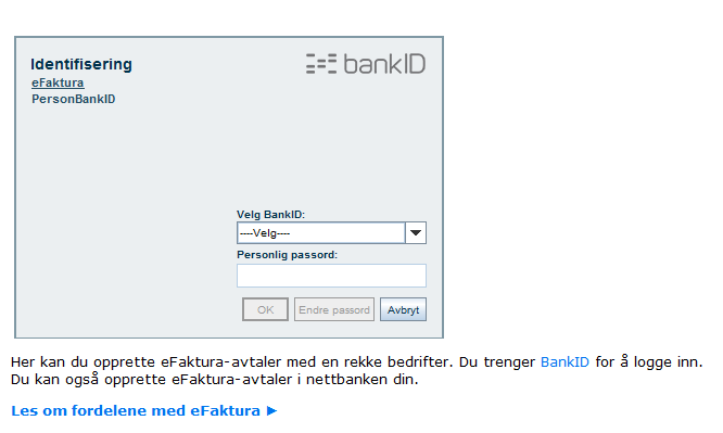 Legg inn sikkerhetskode og personlig passord og trykk OK. Kunden kan avbryte identifiseringen. Ved å trykke Avbryt vil kunden komme inn i signeringsbilde.