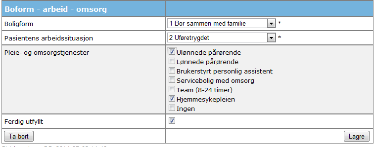 16 Under tilleggsutstyr skriver du inn det pasienten eventuelt har fått av ekstra utstyr. Pasientens boform, eventuelle arbeid og pleie og omsorgstjenester fylles ut til slutt.