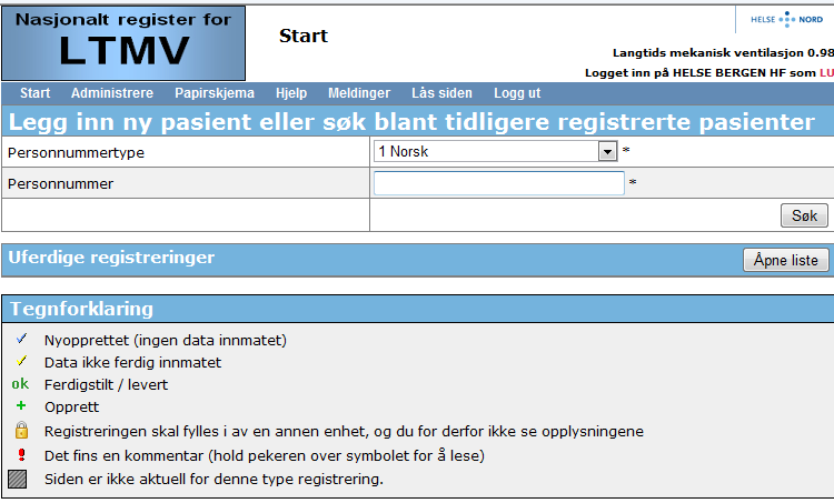 8 7. Registerets oppbygging Brukerroller i registeret Brukere som er i systemet er: LU (Local User/ Lokal bruker)- Dette er en vanlig bruker som har rett til å opprette og fylle inn nye forløp på