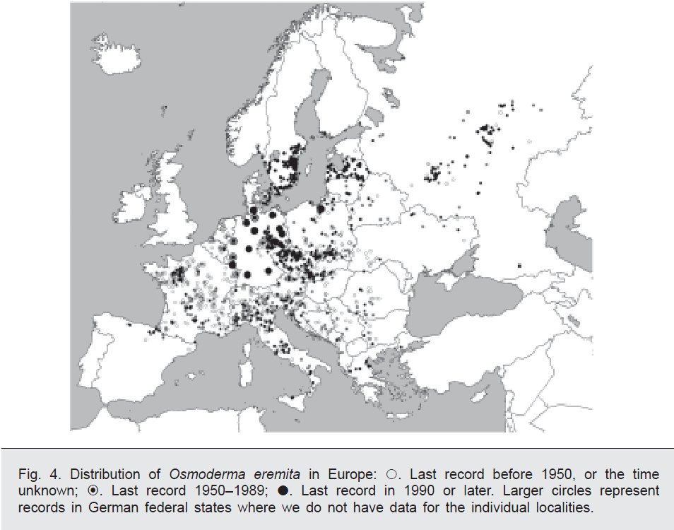 Figur 8. Forekomster av Osmoderma-komplekset i Europa.