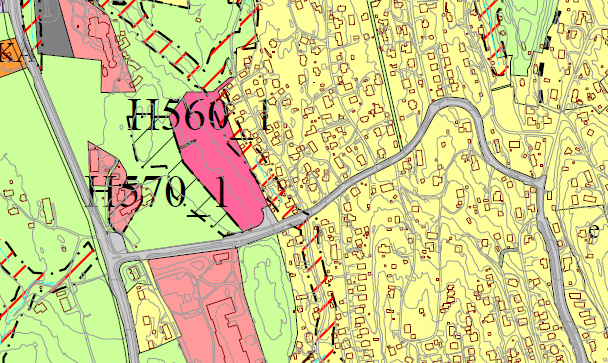 Gule felter er regulert til bolig. Rødt er offentlig formål og rosa er barnehage.
