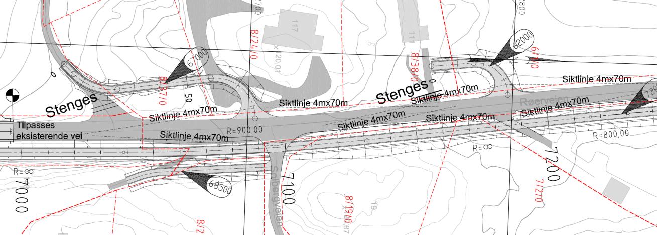 Figur 4-17: Omlegging av avkjørsler ved Solbergtoppen To avkjørsler ved Flateby foreslås lagt om pga dårlig sikt. Avkjørselen ved pr. 255 er flyttet til pr.