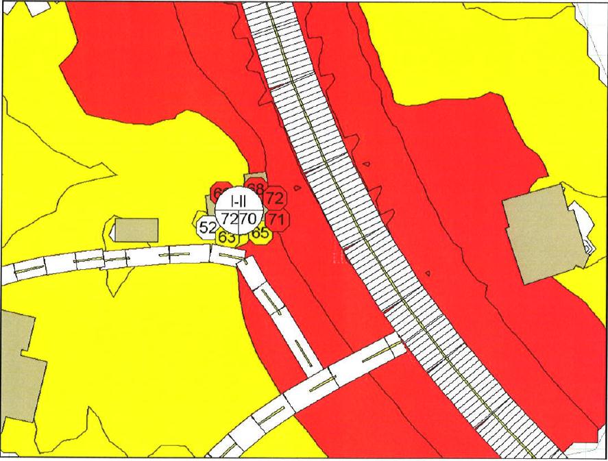 Figur 6-9: Støysonekart for Løeshagaveien For alternativ 2 vil de samme boligene som er beskrevet for alternativ 1 få støytiltak.