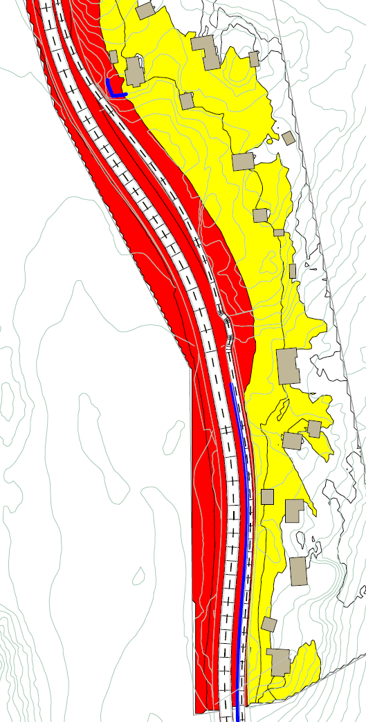 På strekningen fra Røersvingen til Sørbyveien er det planlagt en 240 meter langsgående skjerm med høyde 2-2,5 meter mellom fv.